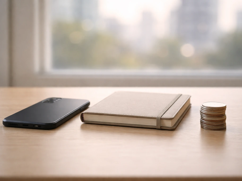 Minimal desk with smartphone and coin stack, symbolizing a net worth estimate range and confidence.