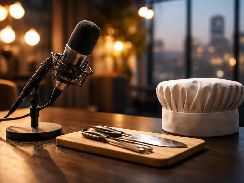 Minimal studio desk with microphone and chef tools, hinting media and culinary career for a net-worth article.