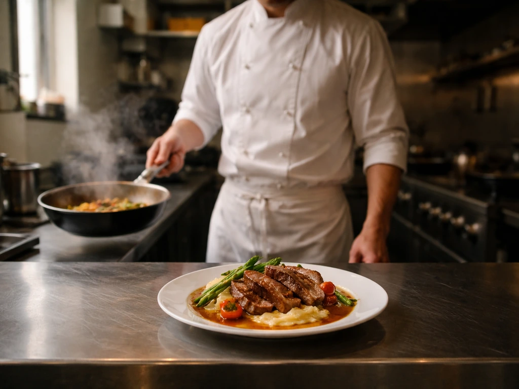 Anonymous chef in a simple Bangkok-style kitchen, plated dish and stainless sauté pan suggest actor-chef identity