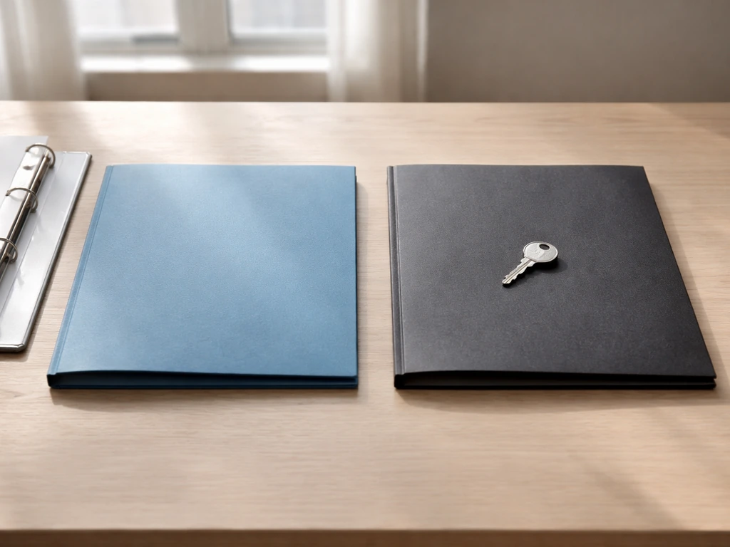 Minimal desk scene with two folders labeled by color only, symbolizing verifiable vs not verifiable.