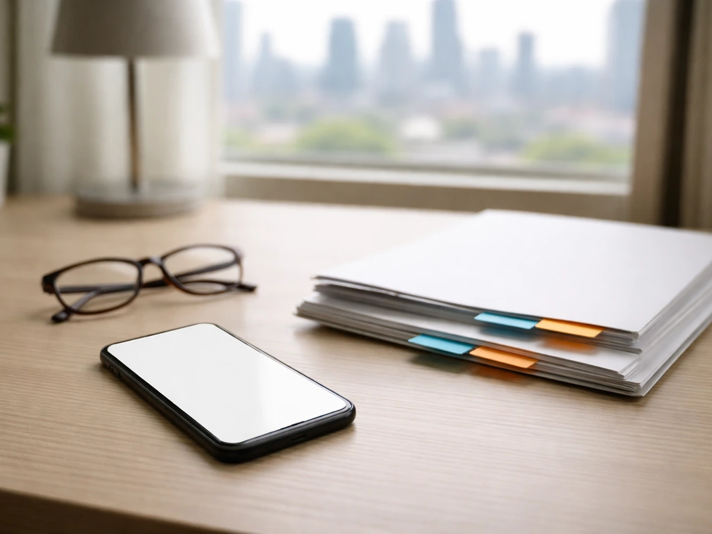 Minimal home office desk with folders and reading glasses, symbolizing confirming the right identity.
