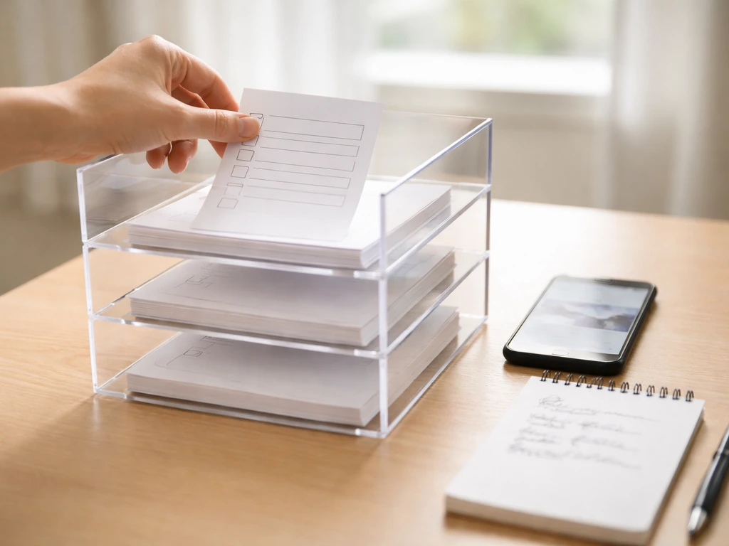Anonymous hand organizing blank checklist papers on a bright desk near a phone and pen