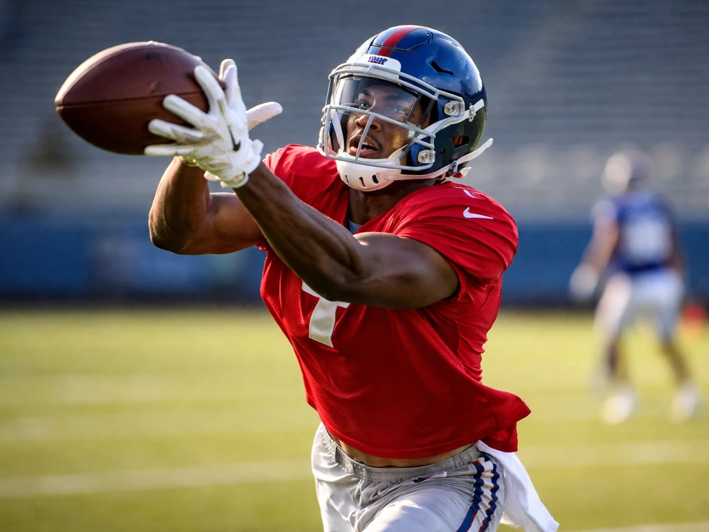 New York Giants-style wide receiver catching a football on a field with blurred stadium background.