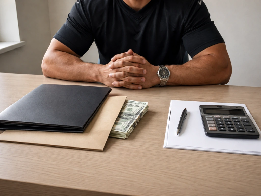 Anonymous athlete at a desk with a contract folder, calculator, and money arranged to suggest contract payout breakdown.