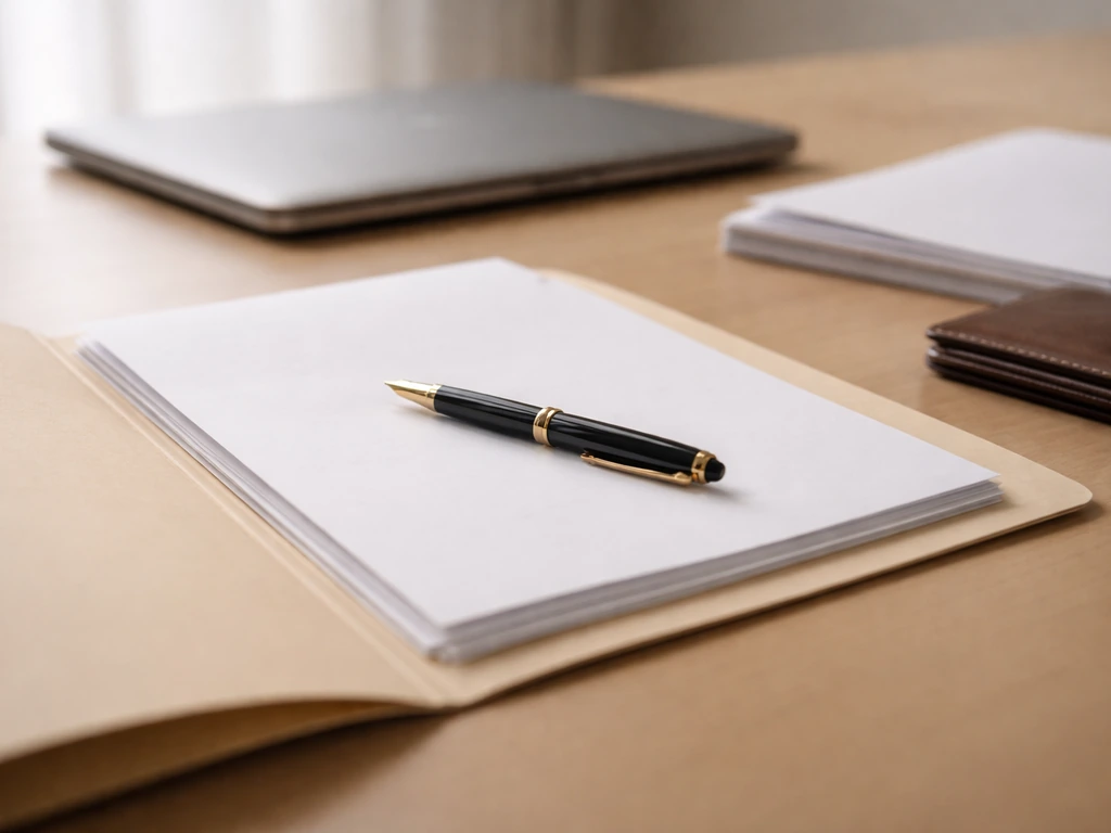 Close-up of a contract folder and pen on a desk beside a laptop, suggesting contract restructuring.