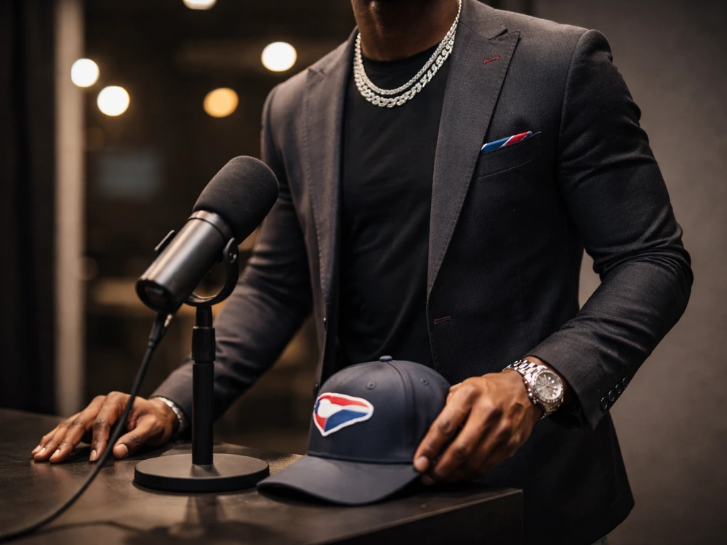 NFL player in a sleek studio holding a microphone, capturing a media appearance moment.
