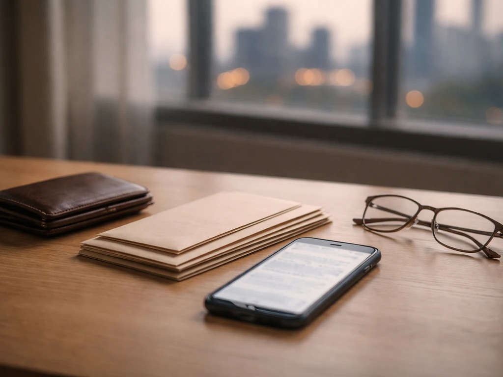 Minimal desk scene with scattered money envelopes and a smartphone displaying blurred headlines, symbolizing differing f
