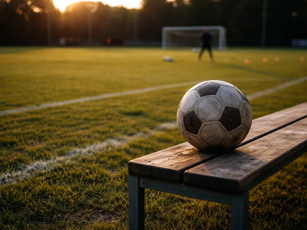 Football on a sideline bench with a training pitch background, symbolic of a sports career and earnings.