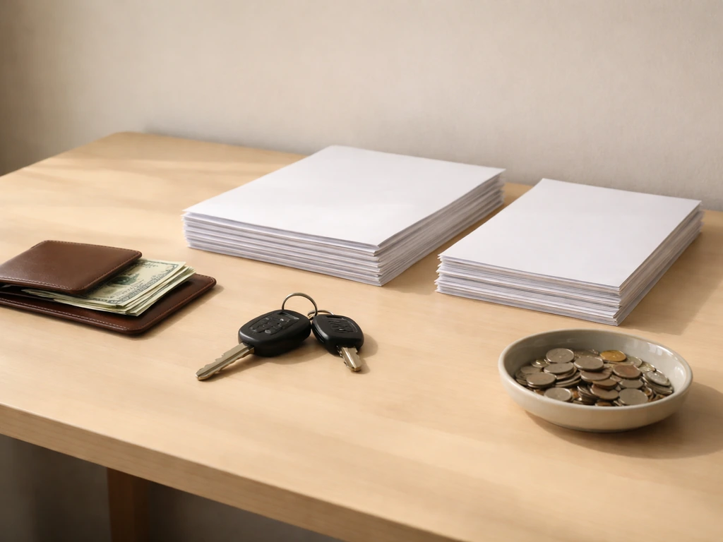 Minimal photo of a desk with a wallet, keys, and neatly stacked documents suggesting assets and liabilities.