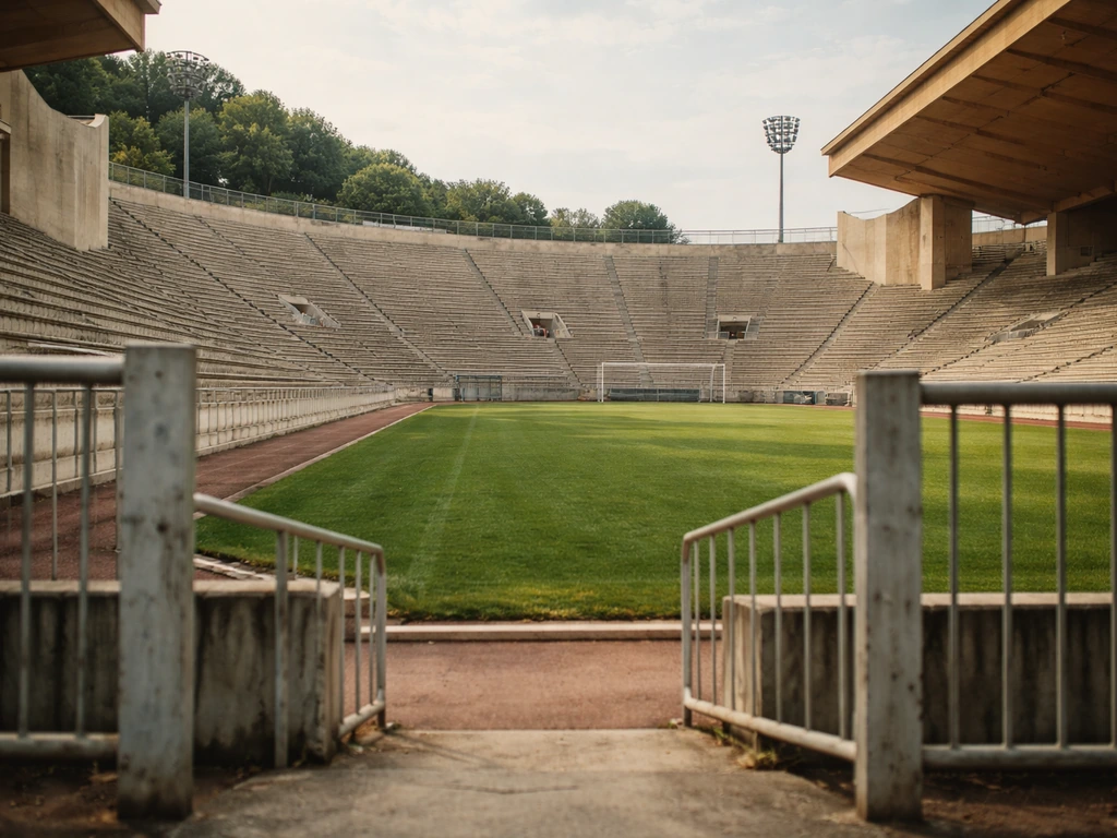 1990s-style Monaco football stadium with pitch and empty stands, evoking career income era.