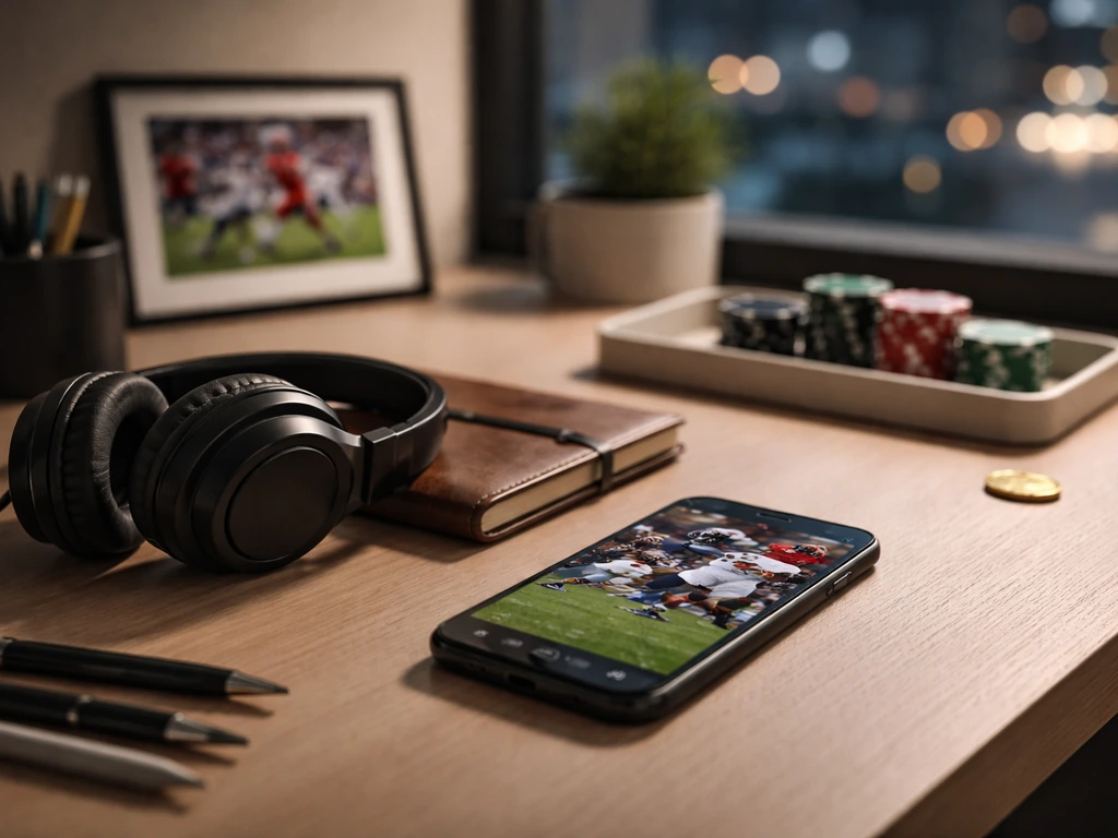 Anonymous office desk with studio headphones and sports-betting style items, symbolizing endorsements.