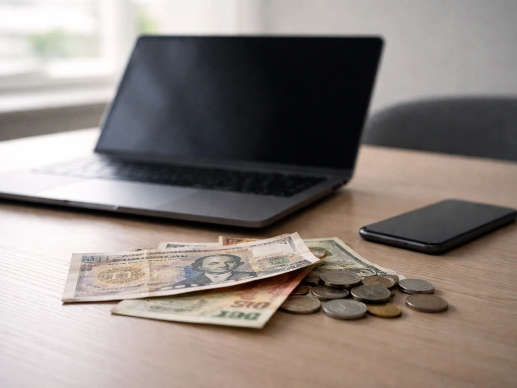 Minimal office scene with scattered international currency and a laptop showing only blank screens