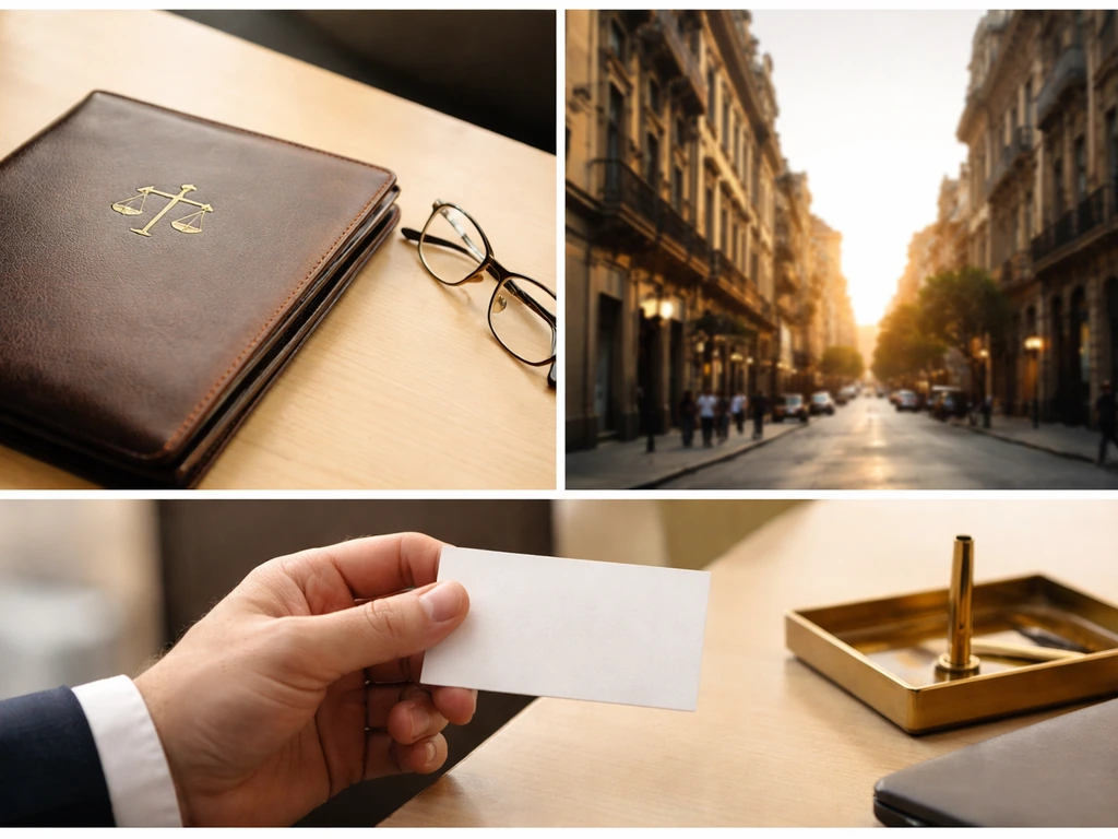 Minimal identity-check collage: law folder and glasses, blurred Mexico city facade, blank business card.