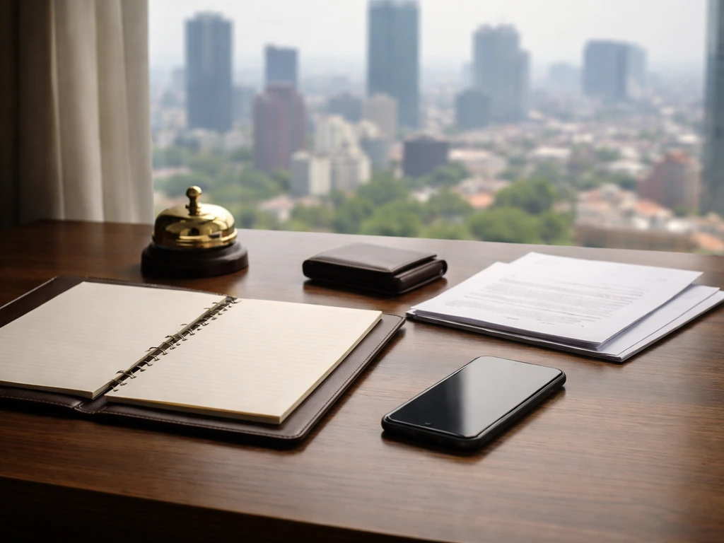 Minimal desk still life with blank legal folder, documents, wallet, and smartphone suggesting legal business income