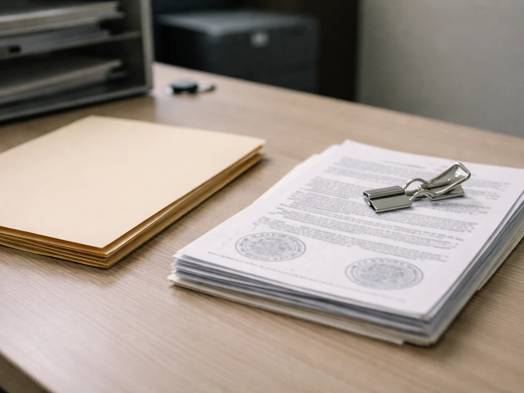 Close-up of stamped incorporation papers and linked binder clips on an office desk.