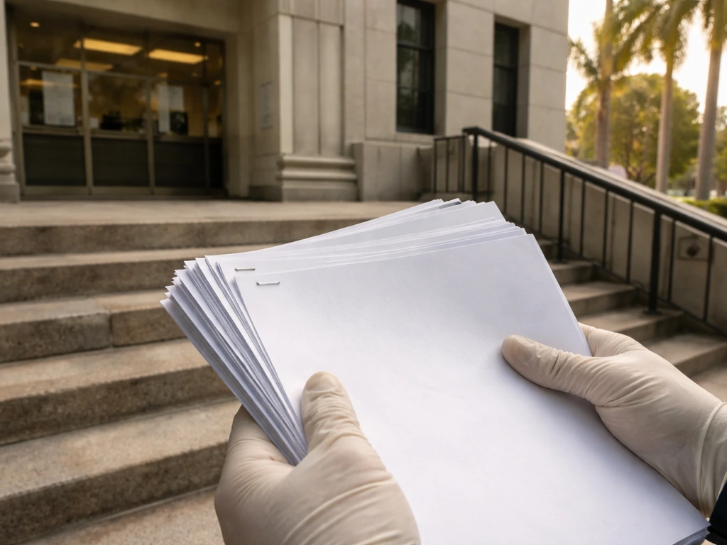 Close-up of anonymous documents in front of a Miami courthouse records counter area