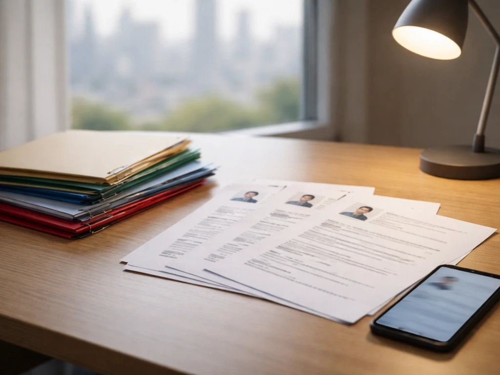 Minimal desk scene with scattered documents and a smartphone, symbolizing comparing profiles without showing any person.