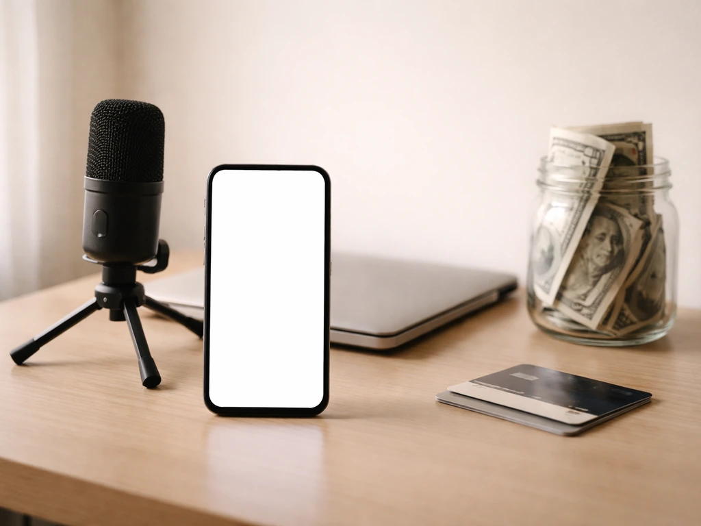 Minimal desk scene with smartphone, studio mic, laptop, and cash symbolizing creator income channels.