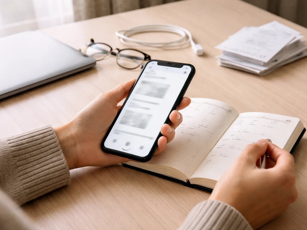 Hands using a smartphone and notebook to cross-check social metrics and dates on a tidy desk