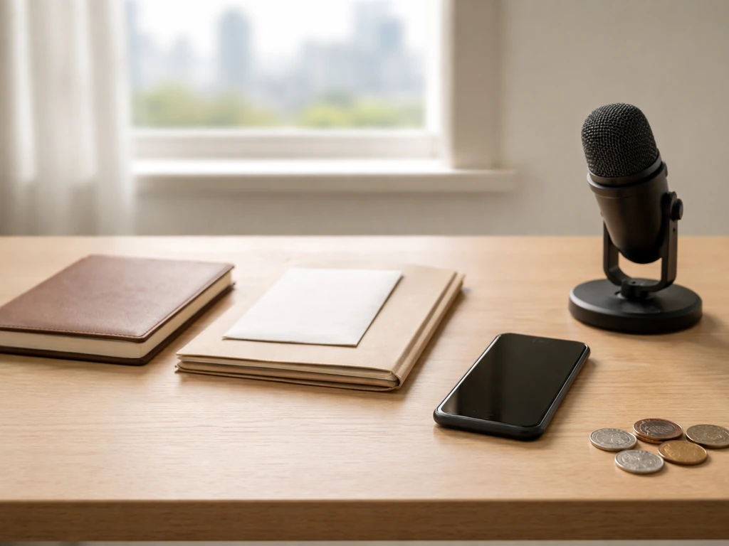 Minimal studio desk with smartphone, contract folder, and coin-like decor suggesting multiple income streams.