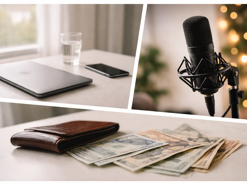 Minimal collage of a desk, microphone studio scene, and wallet/money on a tabletop—no identifiable people.