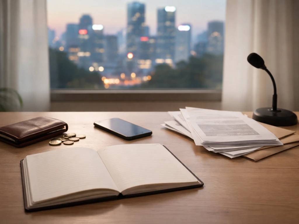 Minimal desk scene with wallet, coins, documents, and a smartphone suggesting private financial estimates vary.