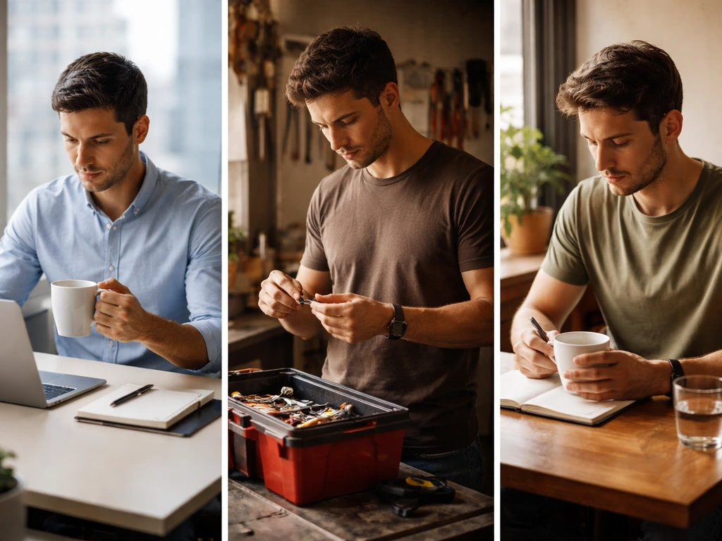Three anonymous men in different settings, split-screen to suggest different identities for “Victor Fontanez.”
