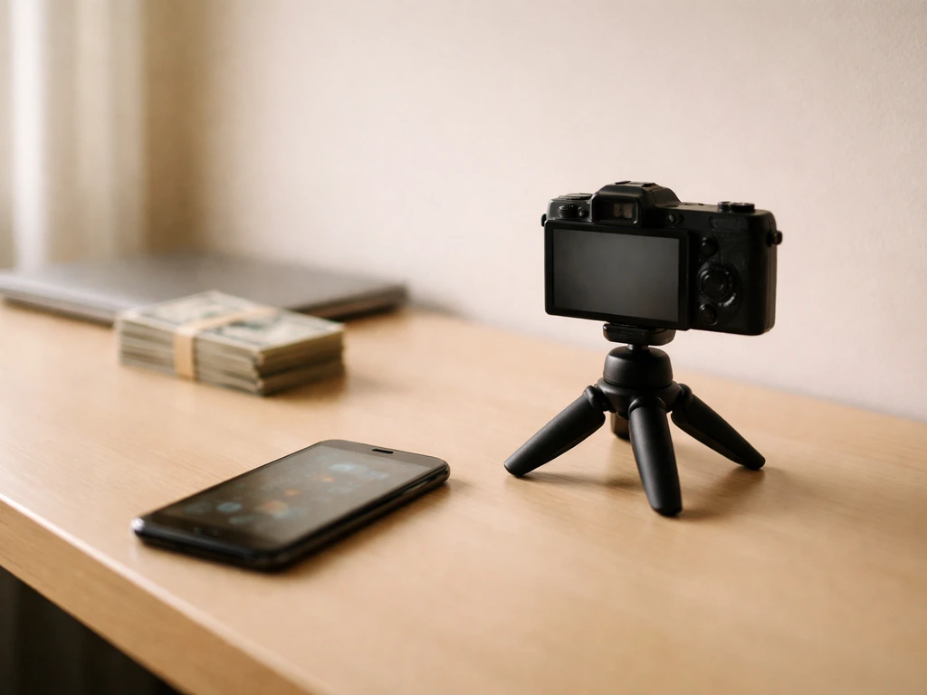 Minimal desk scene with camera gear and a phone showing blurred finance figures, symbolizing creator income.