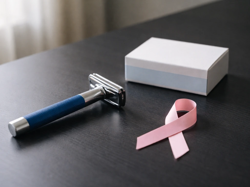 Minimal desk scene with a Gillette-style razor and a small pink awareness ribbon next to a dark water bottle