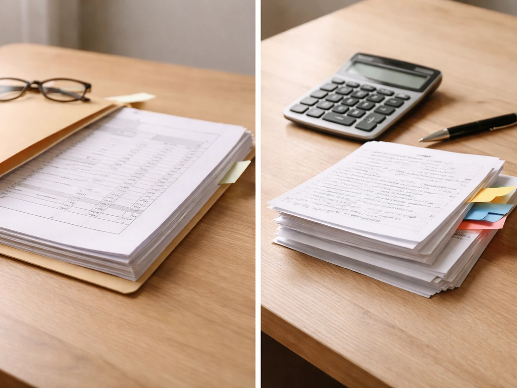 Minimal split view showing official asset documents beside separate rough estimate notes on a desk