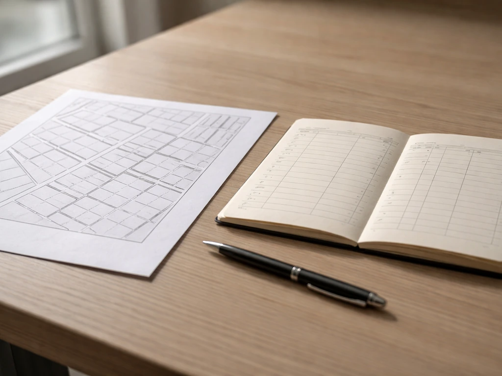 Close-up of a property parcel map document and a handwritten savings ledger on a desk