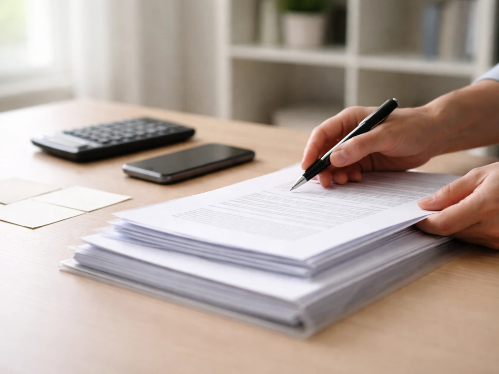 Hands cross-checking documents with a calculator and folder in a quiet office, showing reliability checks.