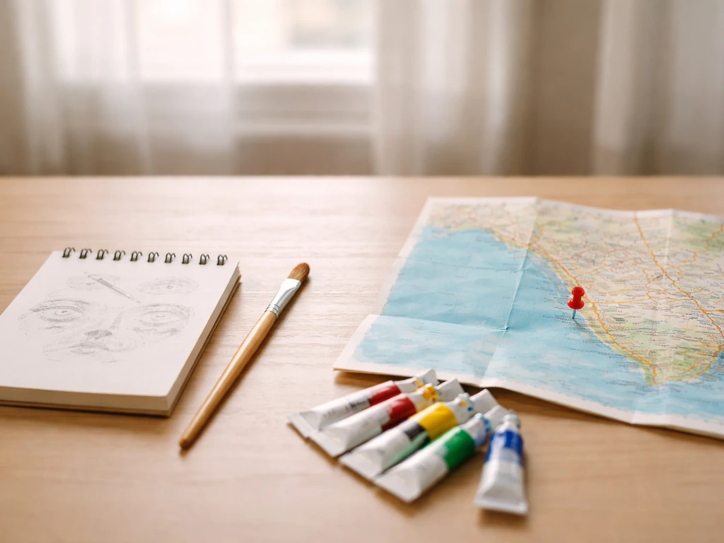 Minimal desk scene with blurred city map and artist tools suggesting Florida teen artist disambiguation