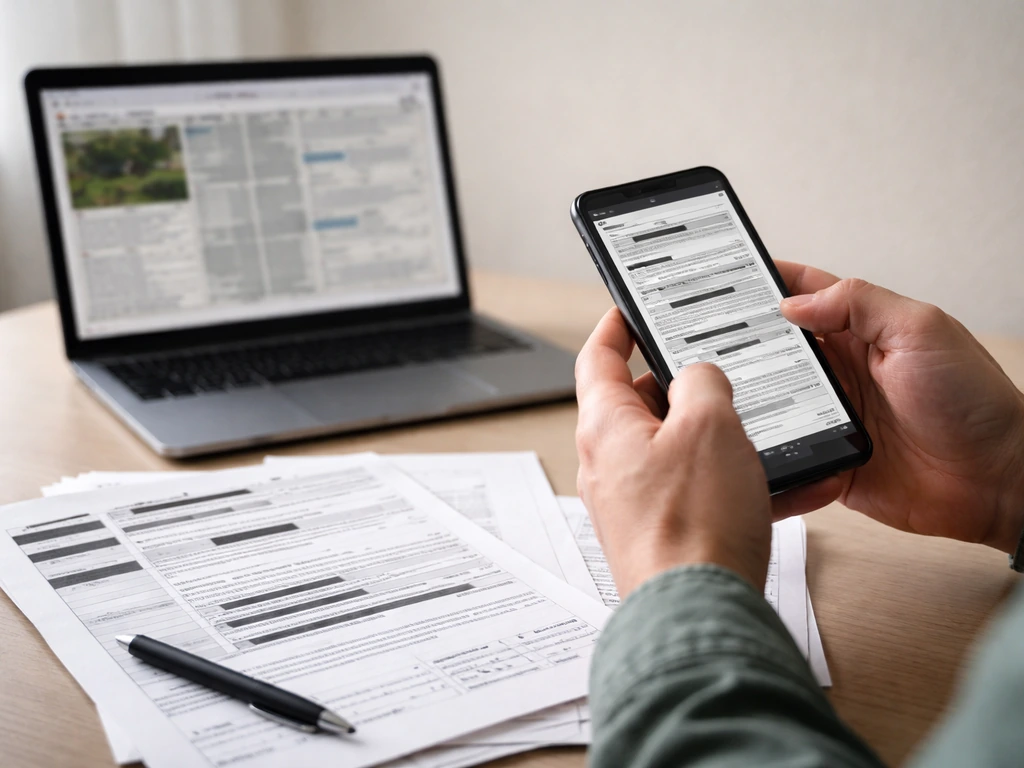 Anonymous hands cross-check property record-style documents with a phone on a minimal desk.