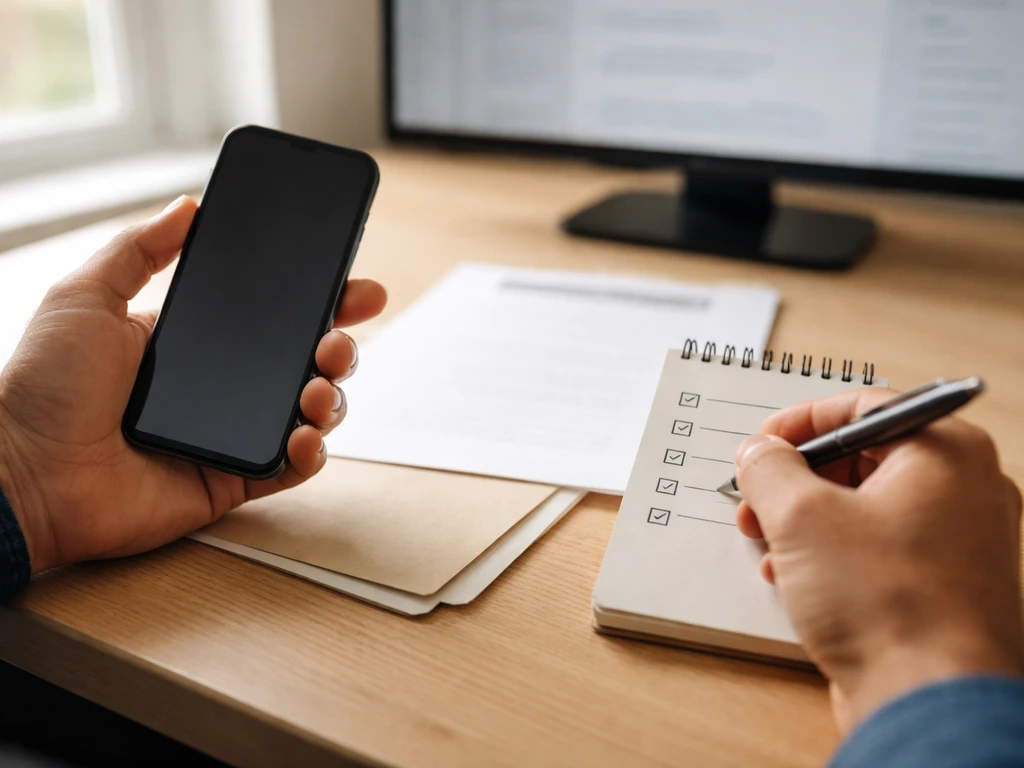 Hands reviewing a simple checklist and a smartphone showing a property record refresh routine