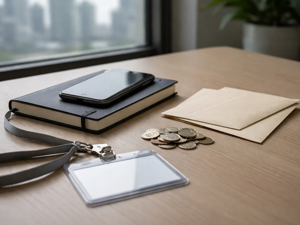 Minimal office scene with smartphone and cash-like envelopes, symbolizing net worth research and identity checks