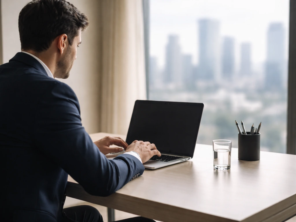Anonymous executive working at a modern desk with blurred city skyline, suggesting corporate finance context.