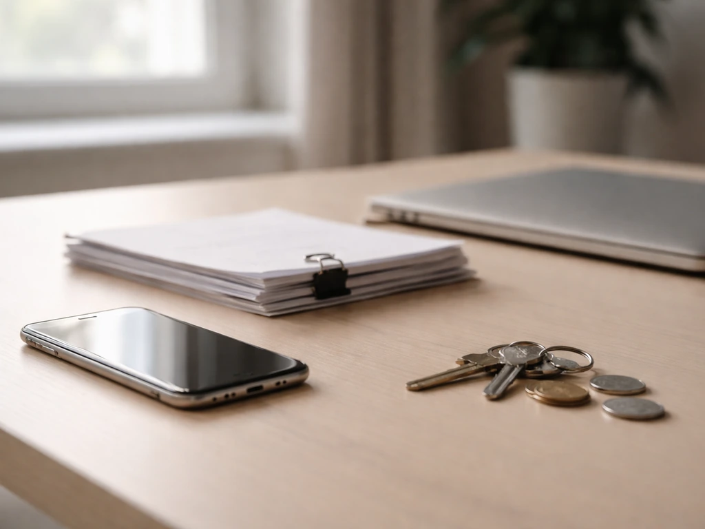 Minimal office desk scene with laptop, documents, coins, and smartphone symbolizing an estimated net worth range.