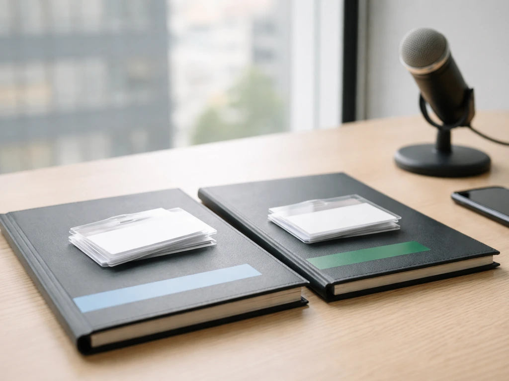Desk scene with two similar folders and blank identity cards, symbolizing name mix-ups without showing any person.