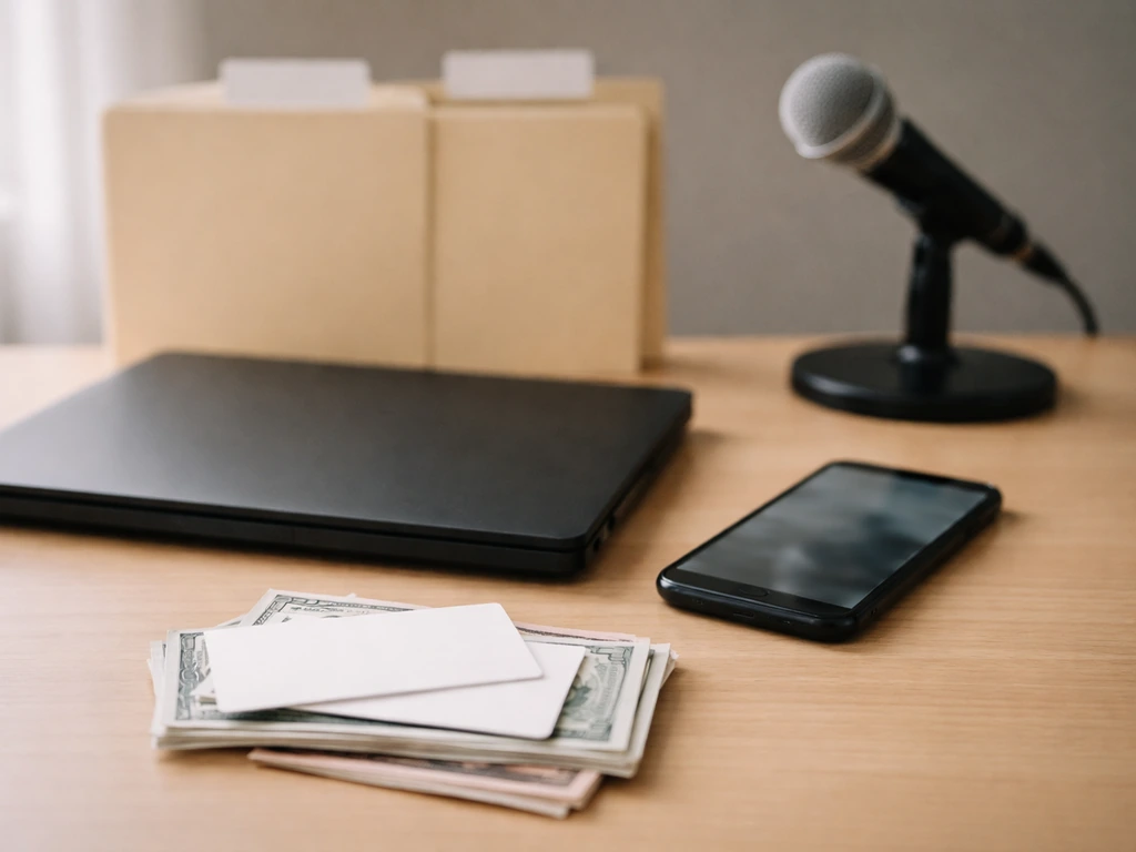 Minimal desk with blurred laptop/phone, folders, microphone, and currency suggesting identity disambiguation.
