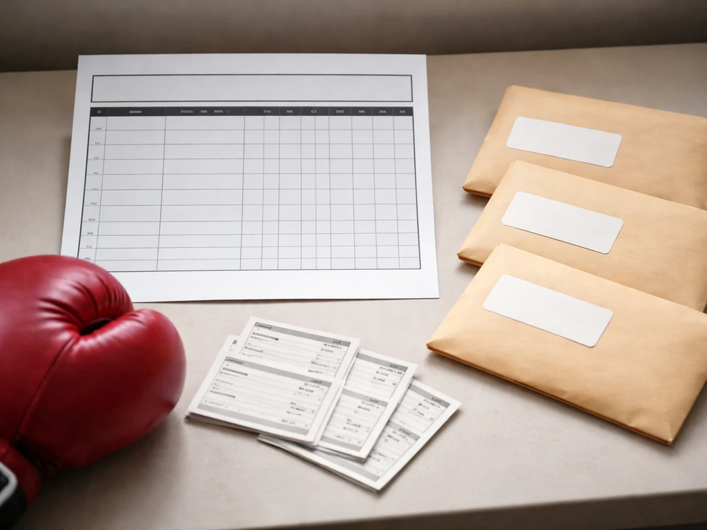 Close-up of a boxing record-style card beside a simple split of cash envelopes, showing fight income components.