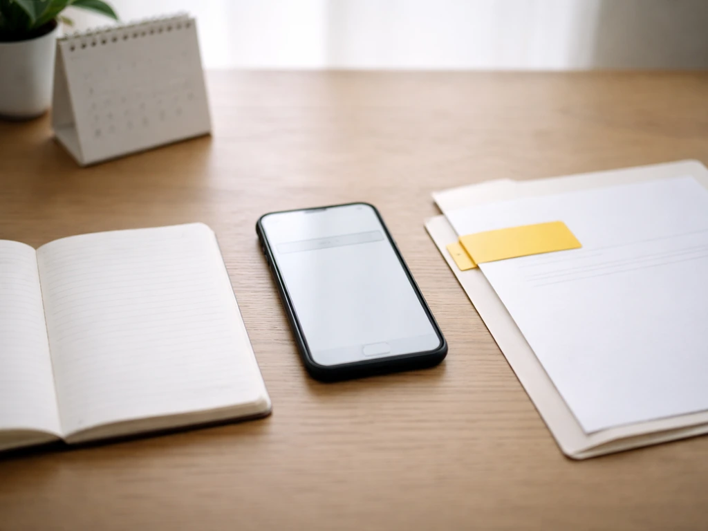 Minimal desk scene showing a notebook and phone beside a checklist-style folder for verifying claims