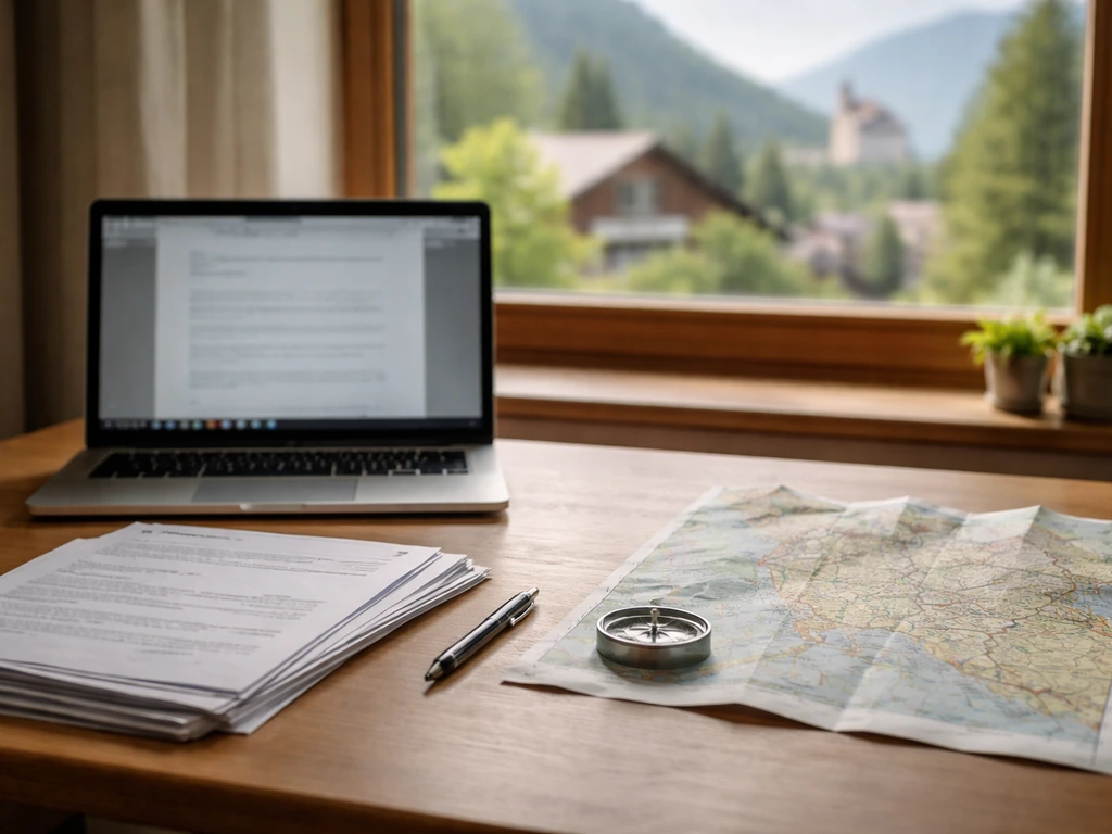 Desk with open laptop and official papers beside a folded map of Slovenia in natural light.