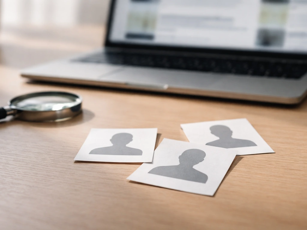 Minimal search-results style collage with blurred profiles suggesting multiple people named the same name