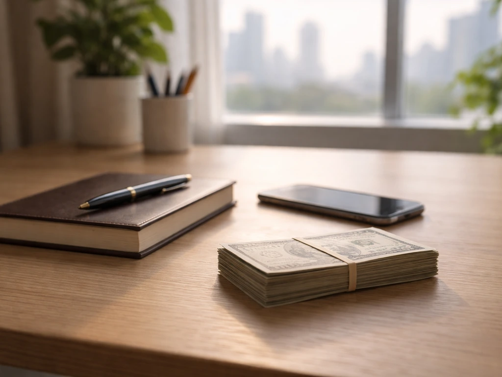 Minimal home office desk with pen, notebook, and bundled cash under natural light.