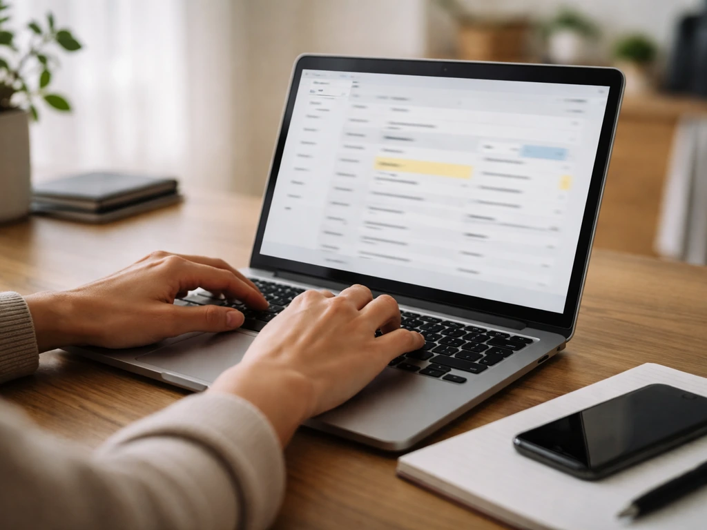 Person reviewing a laptop with a generic business-register style webpage and secure records theme.