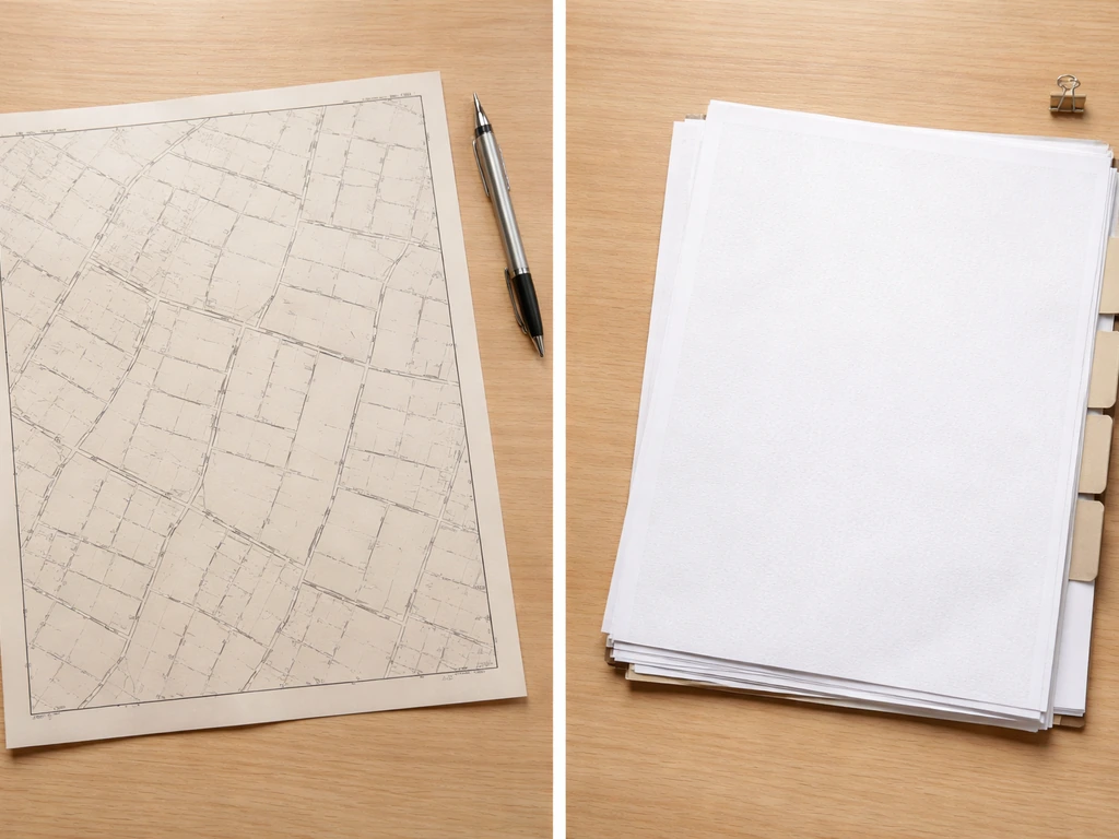 Split view of a land parcel map and a business registry document side by side, symbolizing asset validation
