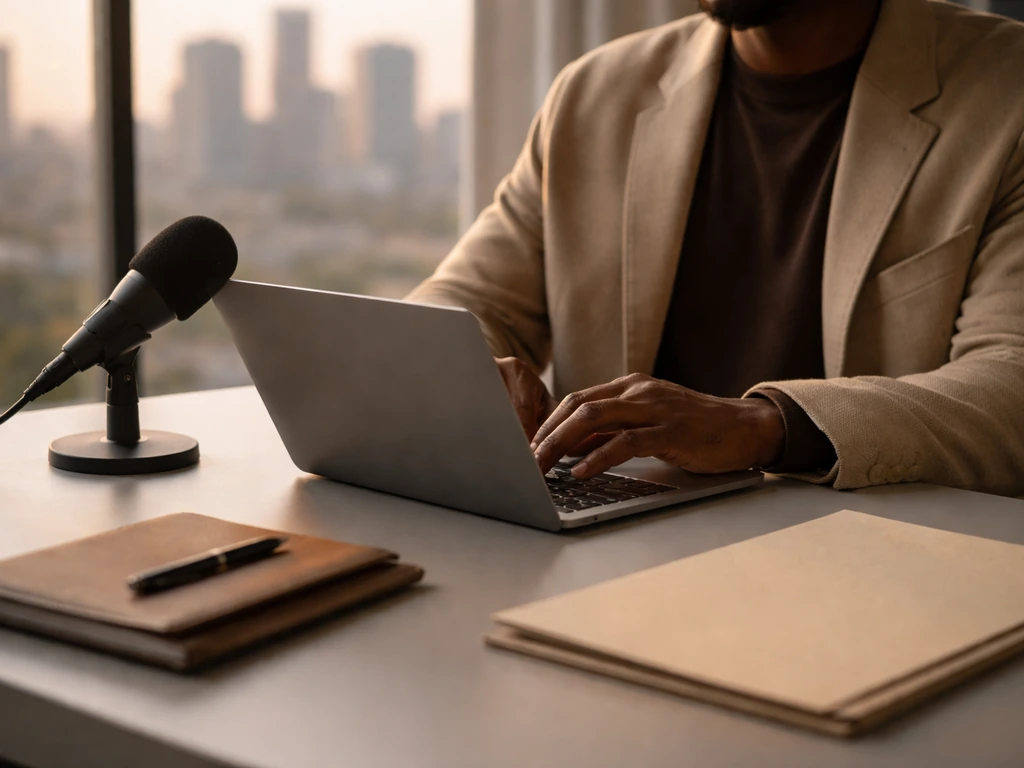 African tech VC professional working at a laptop in a modern office with city skyline