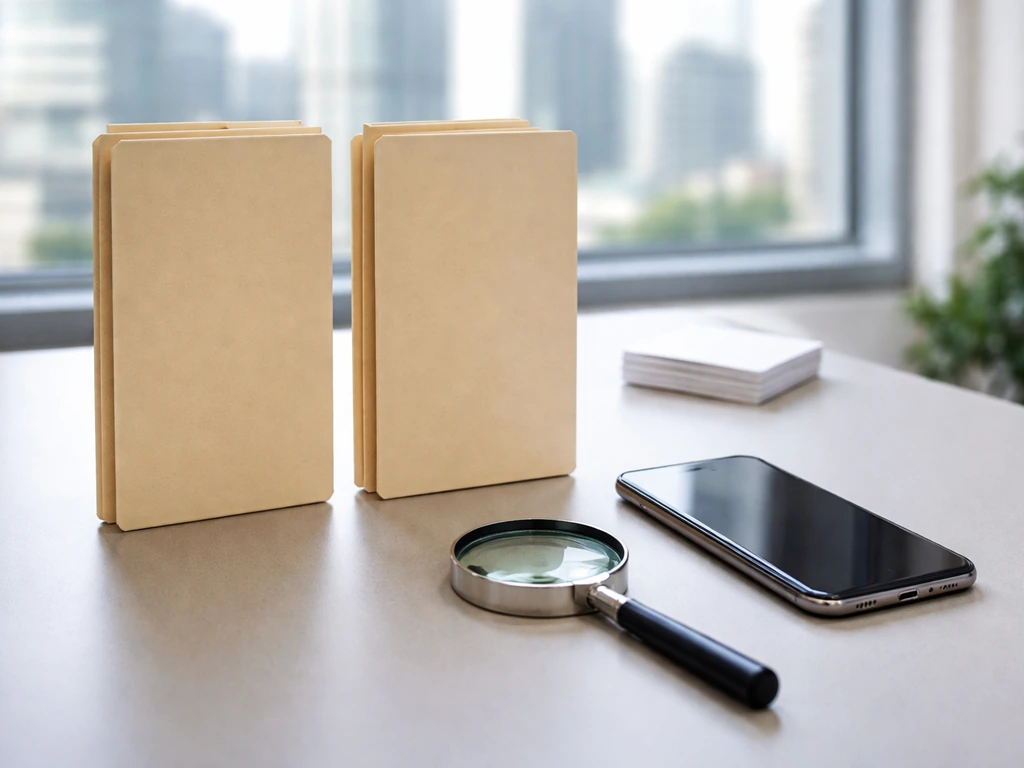 Minimal desk scene with a magnifying glass and phone, symbolizing verifying the right person among similar profiles.