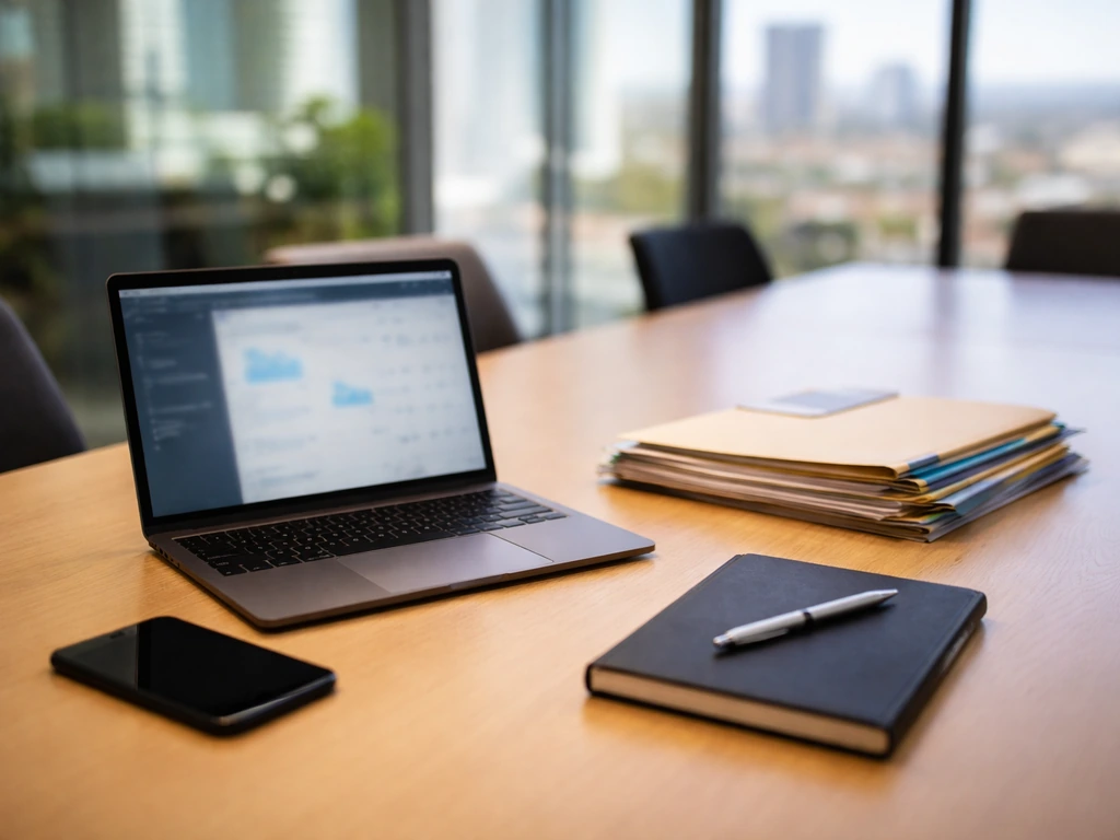 Anonymous business scene with a laptop and VC-style documents on a meeting table in a modern office
